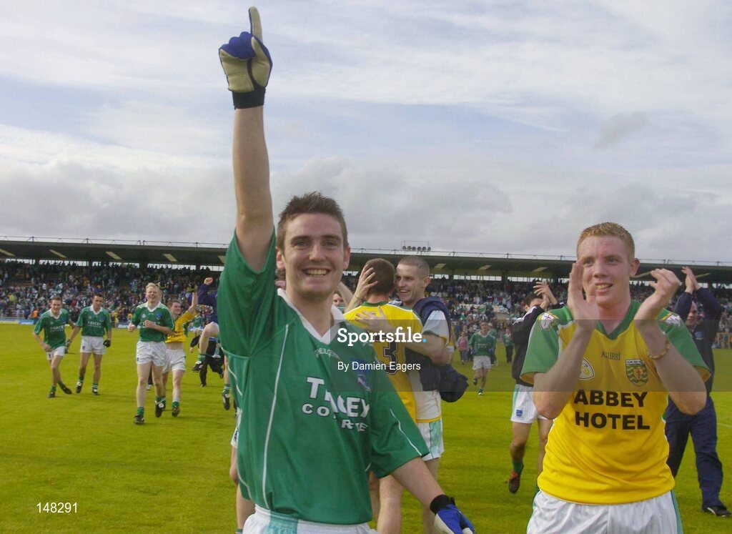 24 July 2004; Fermanagh's Colm Bradley celebrates after victory over Donegal. Bank of Ireland Senior Football Championship Qualifier, Round 4, Fermanagh v Donegal, Tighernach's Park, Clones. Co. Monaghan. Picture credit; Damien Eagers / SPORTSFILE