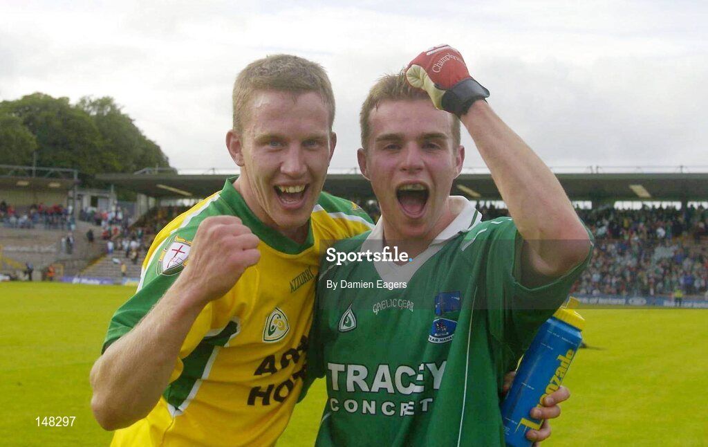 24 July 2004; Fermanagh captain Shane McDermott, left, and team-mate Eamon Maguire celebrate victory over Donegal. Bank of Ireland Senior Football Championship Qualifier, Round 4, Fermanagh v Donegal, Tighernach's Park, Clones. Co. Monaghan. Picture credit; Damien Eagers / SPORTSFILE