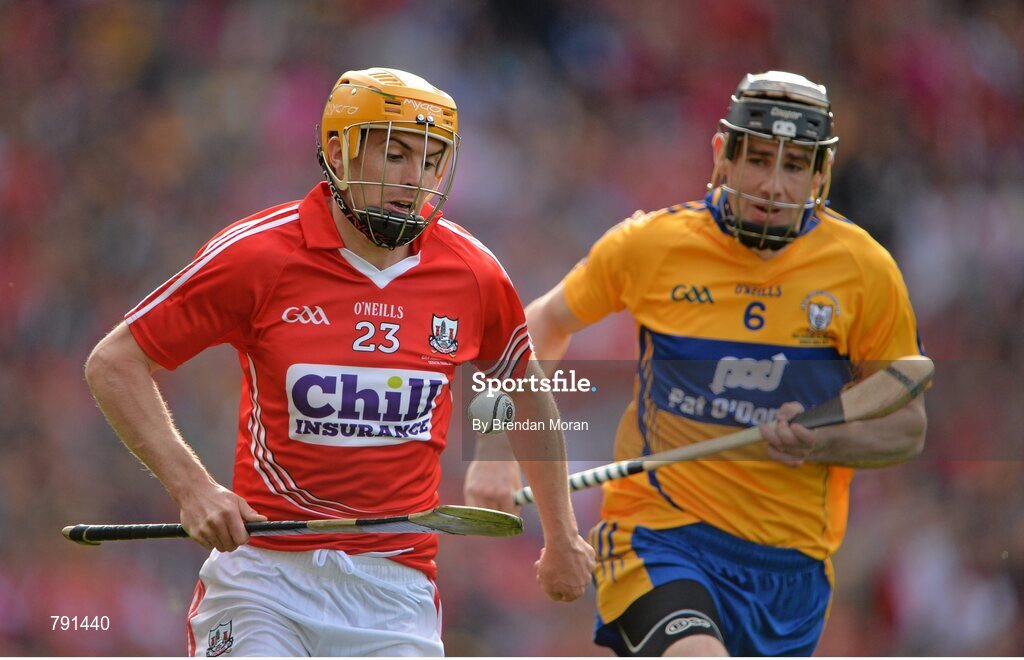 8 September 2013; Cathal Naughton, Cork, in action against Patrick Donnellan, Clare. GAA Hurling All-Ireland Senior Championship Final, Cork v Clare, Croke Park, Dublin. Picture credit: Brendan Moran / SPORTSFILE