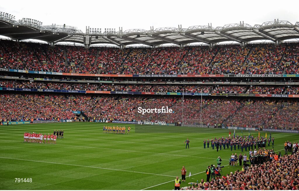 8 September 2013; A general view of the teams standing for the national anthem before the game. GAA Hurling All-Ireland Senior Championship Final, Cork v Clare, Croke Park, Dublin. Picture credit: Barry Cregg / SPORTSFILE