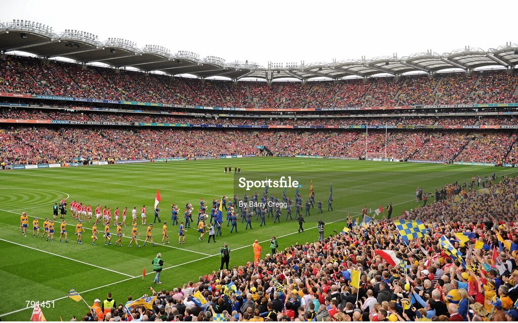8 September 2013; A general view of the teams walking behind the Artane School of Music Band during the parade before the game. GAA Hurling All-Ireland Senior Championship Final, Cork v Clare, Croke Park, Dublin. Picture credit: Barry Cregg / SPORTSFILE