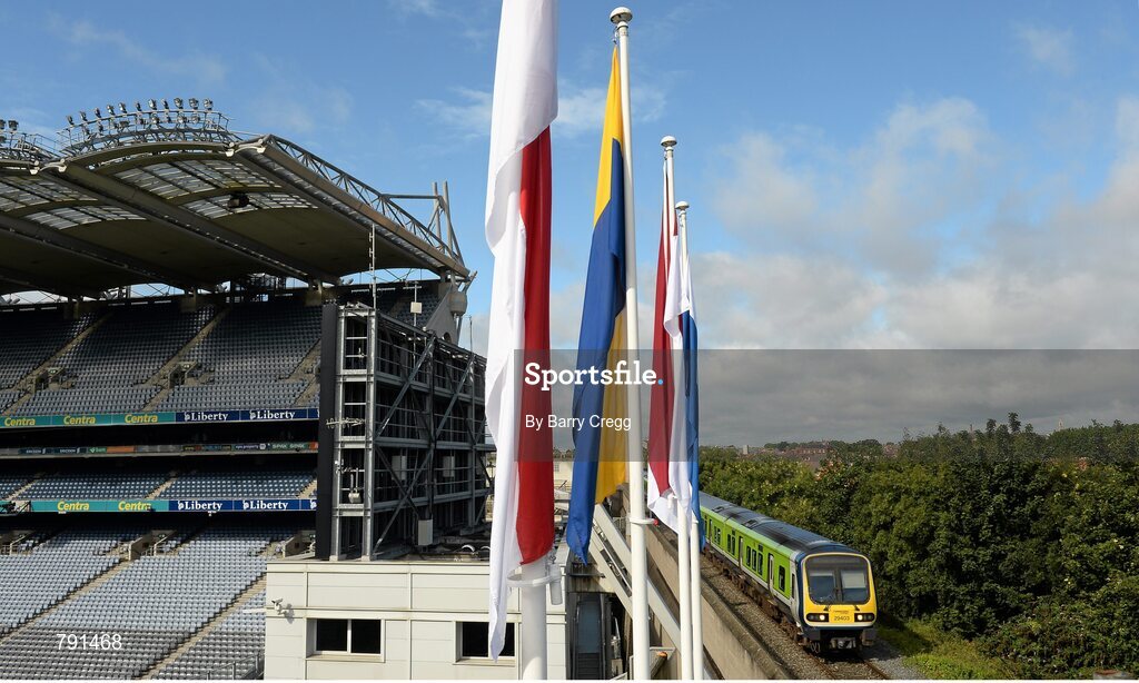 8 September 2013; The DART passes behind the Hill 16 end of Croke Park. GAA Hurling All-Ireland Senior Championship Final, Cork v Clare, Croke Park, Dublin. Picture credit: Barry Cregg / SPORTSFILE