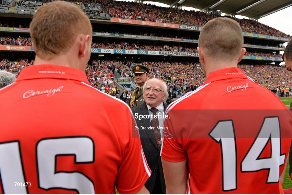 8 September 2013; President of Ireland Michael D. Higgins meets Cork players Jamie Coughlan, left, and Patrick Horgan before the game. GAA Hurling All-Ireland Senior Championship Final, Cork v Clare, Croke Park, Dublin. Picture credit: Brendan Moran / SPORTSFILE