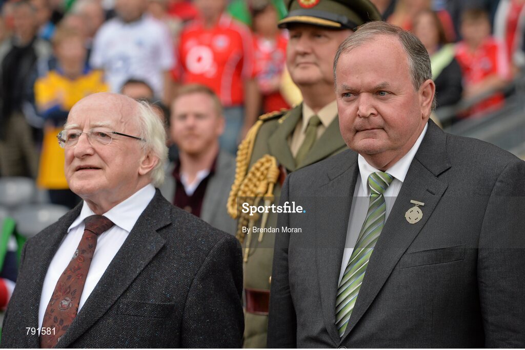 8 September 2013; President of Ireland Michael D. Higgins, accompanied by Uachtarán Chumann Lúthchleas Gael Liam Ó Néill, arrives to meet the teams before the game. GAA Hurling All-Ireland Senior Championship Final, Cork v Clare, Croke Park, Dublin. Picture credit: Brendan Moran / SPORTSFILE