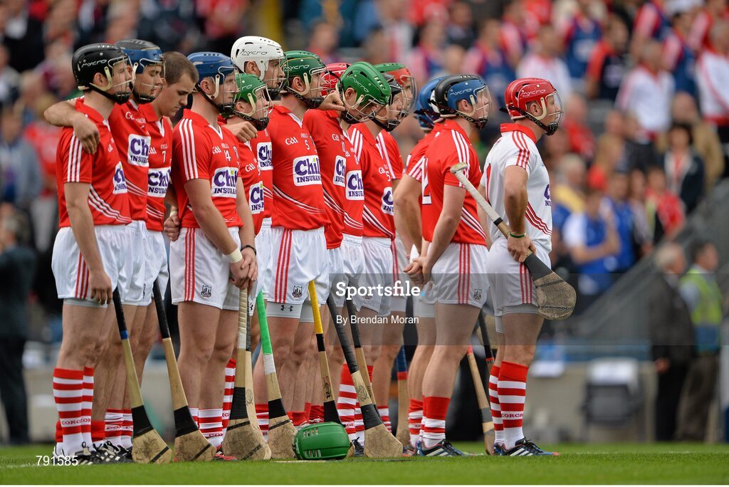 8 September 2013; The Cork team stand for the national anthem before the game. GAA Hurling All-Ireland Senior Championship Final, Cork v Clare, Croke Park, Dublin. Picture credit: Brendan Moran / SPORTSFILE