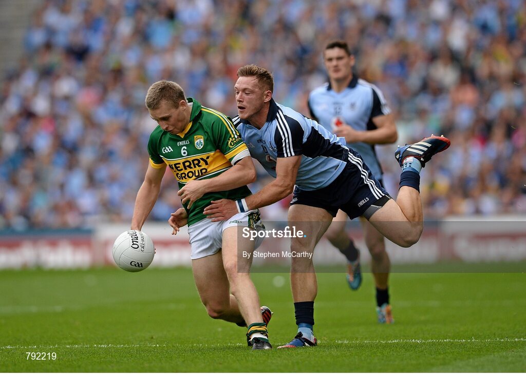 1 September 2013; Peter Crowley, Kerry, is tackled by Paul Flynn, Dublin. GAA Football All-Ireland Senior Championship, Semi-Final, Dublin v Kerry, Croke Park, Dublin. Picture credit: Stephen McCarthy / SPORTSFILE