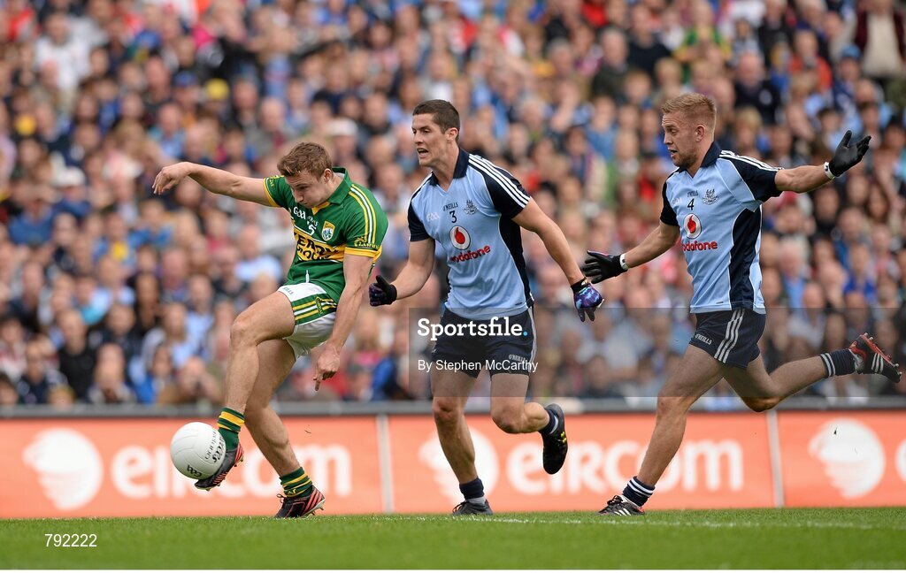 1 September 2013; James O'Donoghue, Kerry, in action against Rory O'Carroll and Jonny Cooper, right, Dublin. GAA Football All-Ireland Senior Championship, Semi-Final, Dublin v Kerry, Croke Park, Dublin. Picture credit: Stephen McCarthy / SPORTSFILE