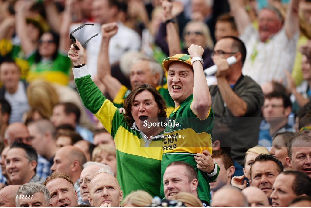 1 September 2013; Kerry supporters celebrate a score. GAA Football All-Ireland Senior Championship, Semi-Final, Dublin v Kerry, Croke Park, Dublin. Picture credit: Stephen McCarthy / SPORTSFILE