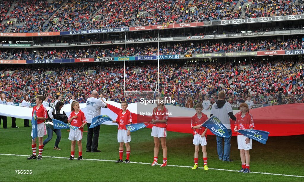 8 September 2013; Flagbearers before the match. GAA Hurling All-Ireland Senior Championship Final, Cork v Clare, Croke Park, Dublin. Picture credit: Brian Lawless / SPORTSFILE