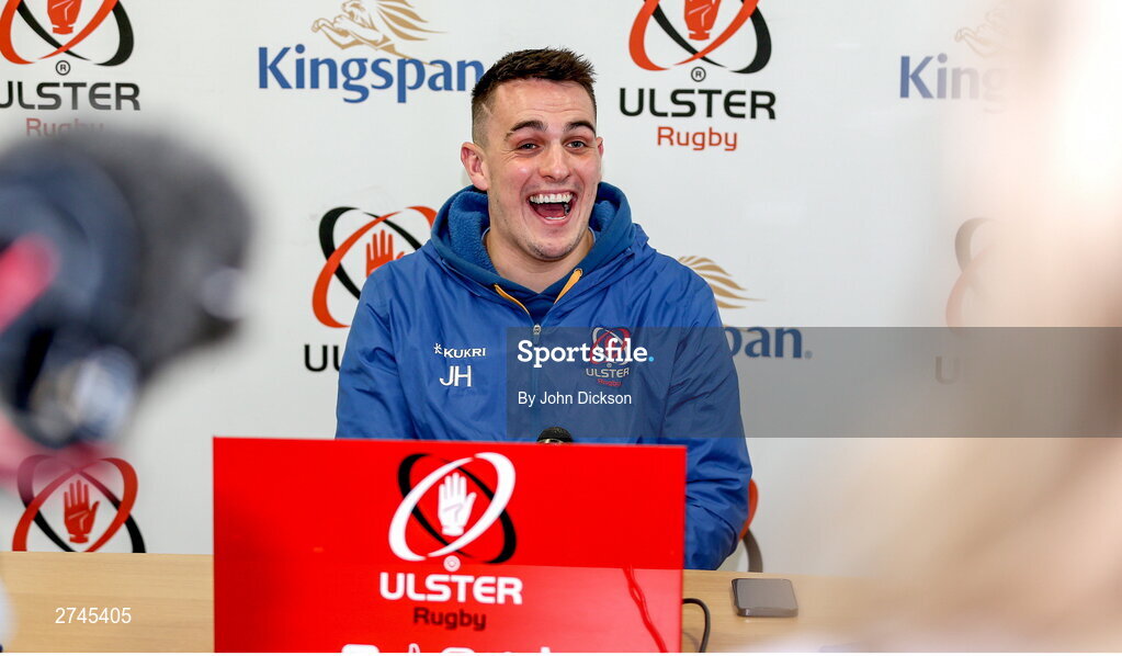 26 February 2024; James Hume during a Ulster rugby media conference at Kingspan Stadium in Belfast. Photo by John Dickson/Sportsfile