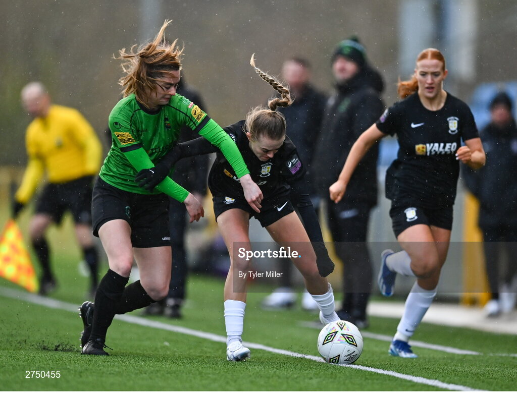 2 March 2024; Casey Howe of Athlone Town in action against Lauryn O'Callaghan of Peamount United during the 2024 Women's President's Cup match between Athlone Town and Peamount United at Athlone Town Stadium in Athlone, Westmeath. Photo by Tyler Miller/Sportsfile