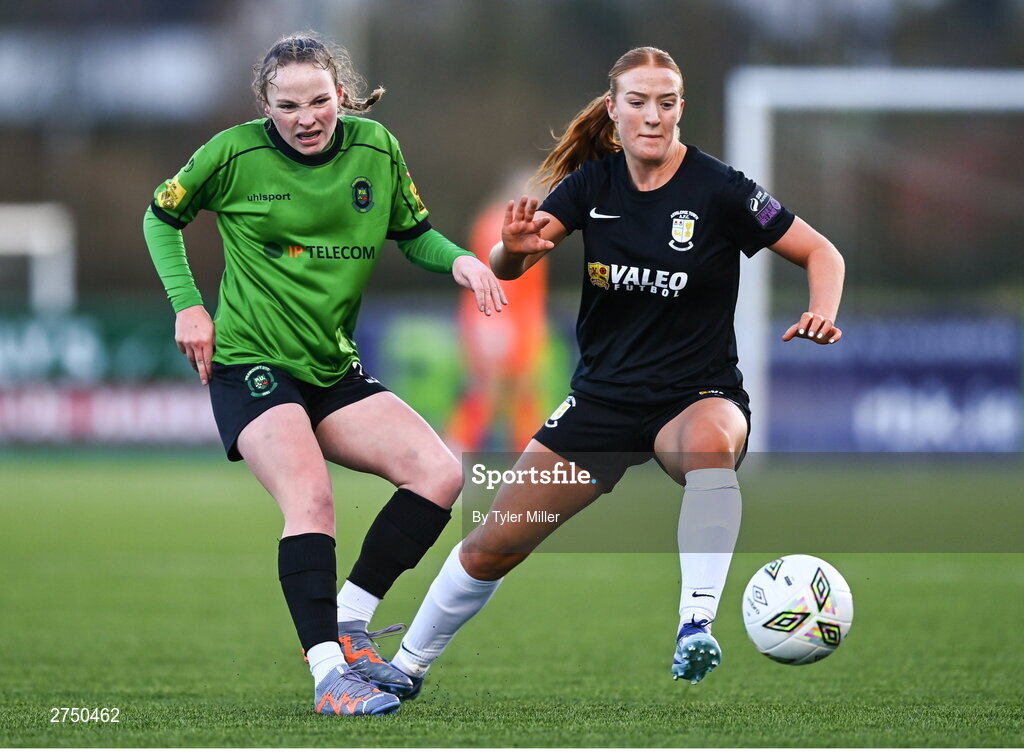2 March 2024; Freya Healy of Peamount United in action against Shauna Brennan of Athlone Town during the 2024 Women's President's Cup match between Athlone Town and Peamount United at Athlone Town Stadium in Athlone, Westmeath. Photo by Tyler Miller/Sportsfile