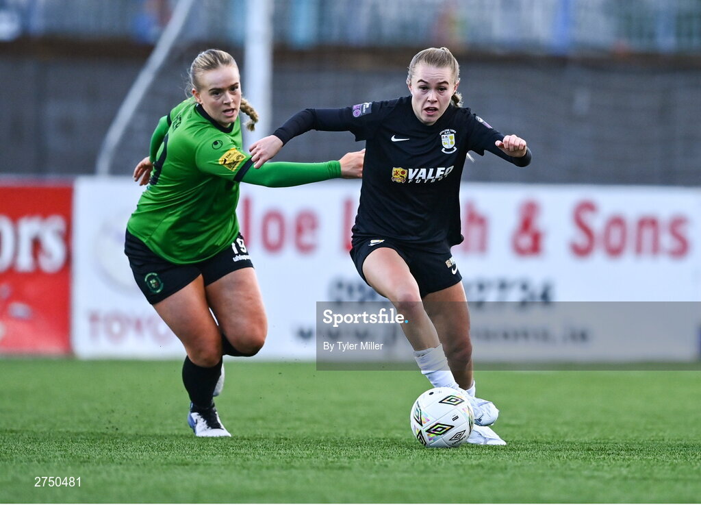 2 March 2024; Casey Howe of Athlone Town in action against Ciara Maher of Peamount United during the 2024 Women's President's Cup match between Athlone Town and Peamount United at Athlone Town Stadium in Athlone, Westmeath. Photo by Tyler Miller/Sportsfile