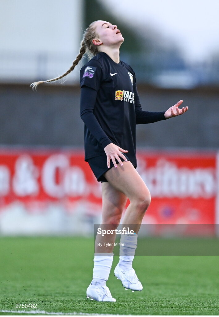 2 March 2024; Casey Howe of Athlone Town reacts after a missed opportunity on goal during the 2024 Women's President's Cup match between Athlone Town and Peamount United at Athlone Town Stadium in Athlone, Westmeath. Photo by Tyler Miller/Sportsfile