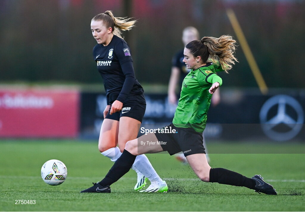 2 March 2024; Kerryanne Brown of Athlone Town is tackled by Lauryn O'Callaghan of Peamount United during the 2024 Women's President's Cup match between Athlone Town and Peamount United at Athlone Town Stadium in Athlone, Westmeath. Photo by Tyler Miller/Sportsfile