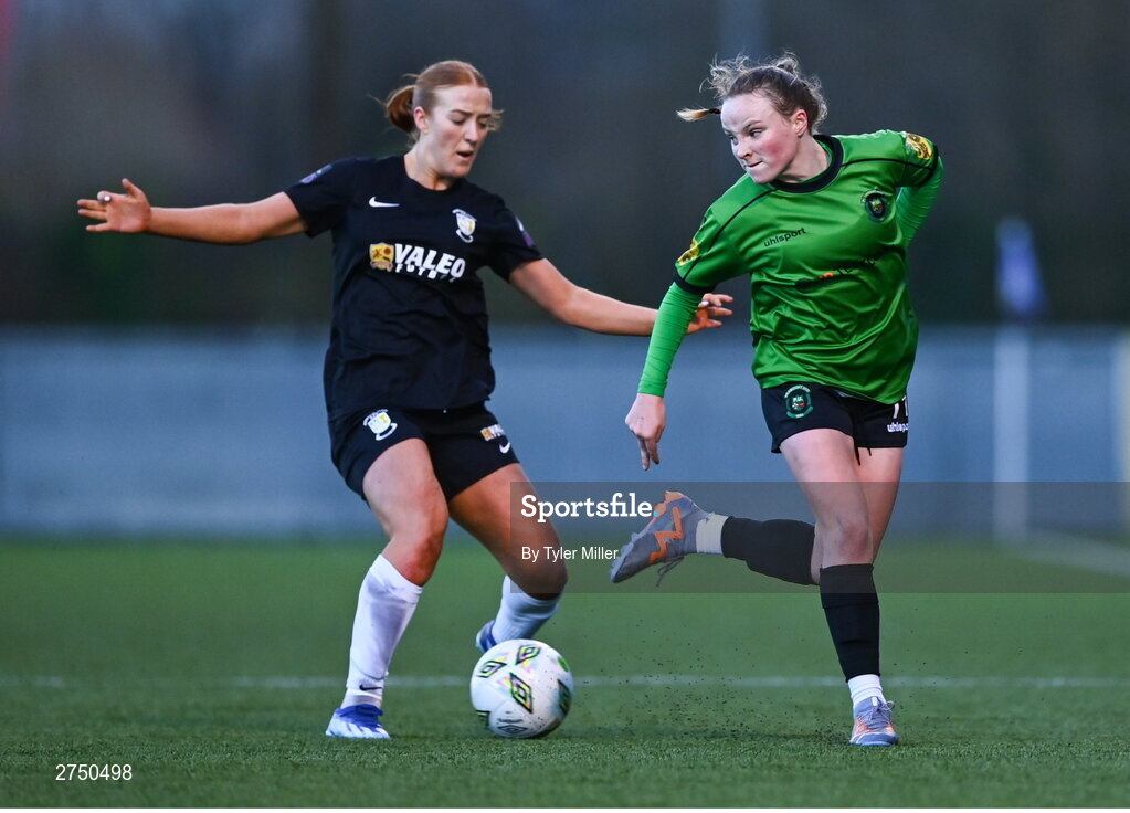 2 March 2024; Freya Healy of Peamount United in action against Shauna Brennan of Athlone Town during the 2024 Women's President's Cup match between Athlone Town and Peamount United at Athlone Town Stadium in Athlone, Westmeath. Photo by Tyler Miller/Sportsfile