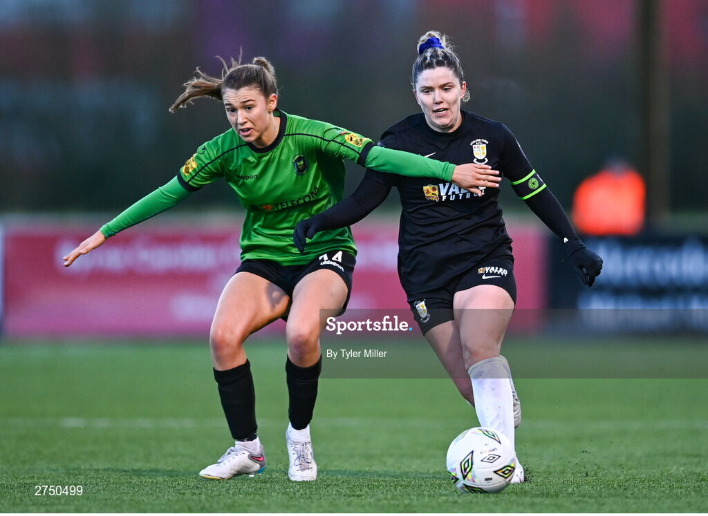 2 March 2024; Laurie Ryan of Athlone Town in action against Jessica Fitzgerald of Peamount United during the 2024 Women's President's Cup match between Athlone Town and Peamount United at Athlone Town Stadium in Athlone, Westmeath. Photo by Tyler Miller/Sportsfile