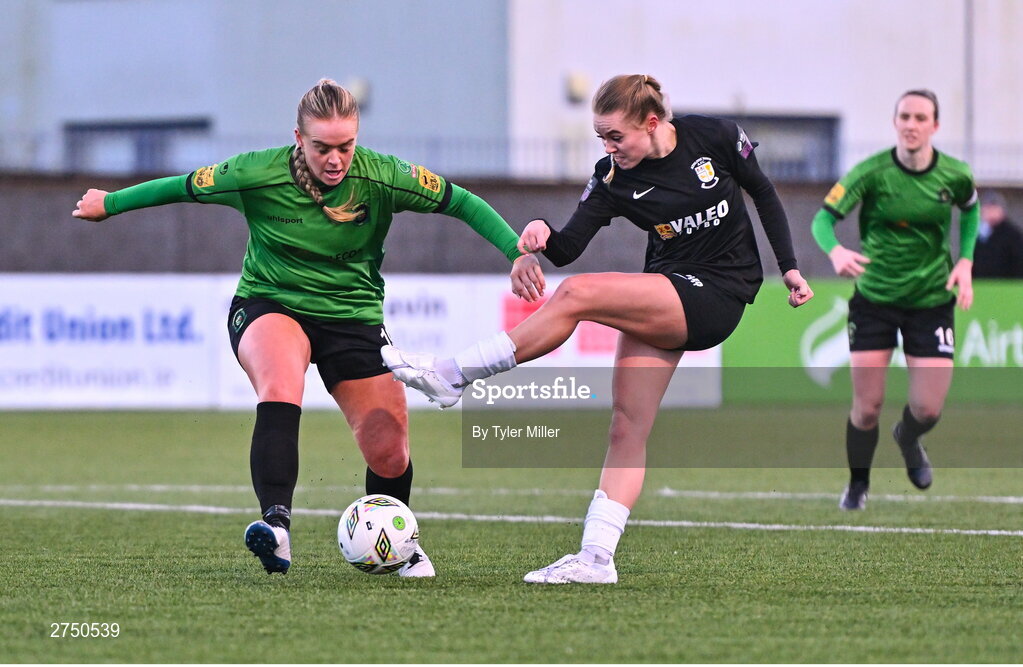 2 March 2024; Casey Howe of Athlone Town in action against Ciara Maher of Peamount United during the 2024 Women's President's Cup match between Athlone Town and Peamount United at Athlone Town Stadium in Athlone, Westmeath. Photo by Tyler Miller/Sportsfile
