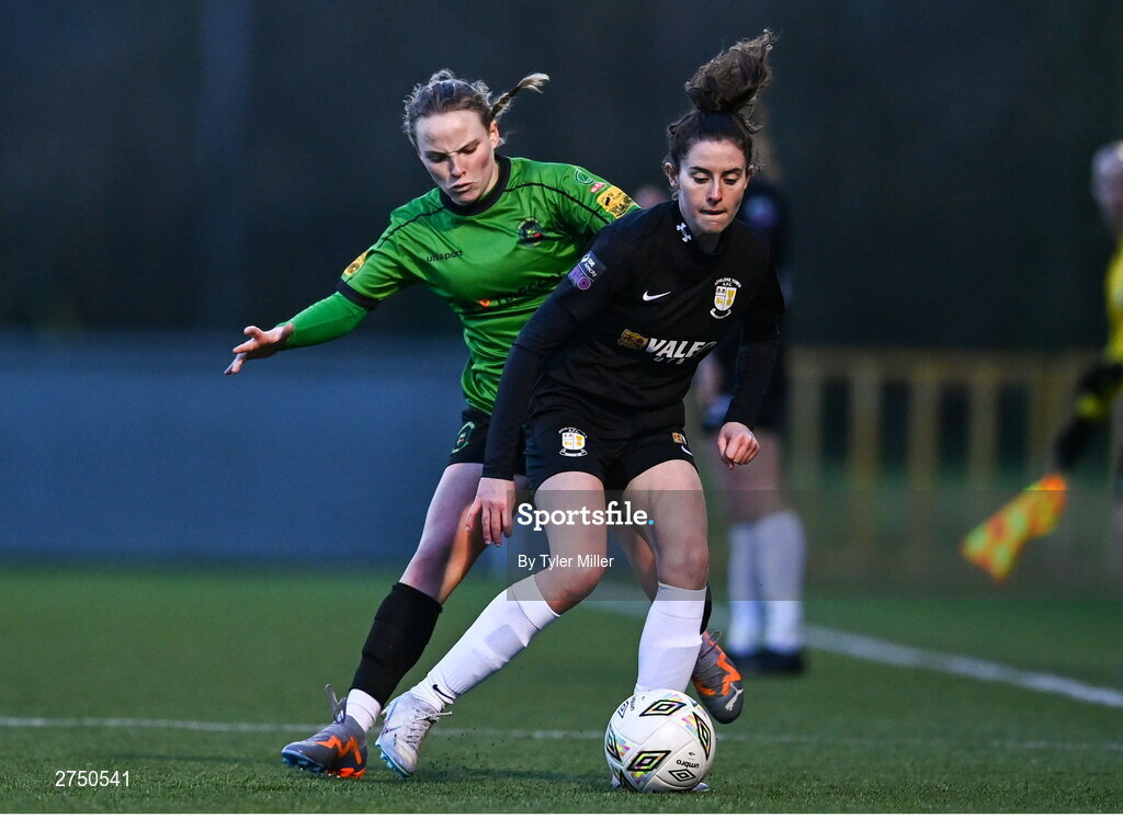 2 March 2024; Kellie Brennan of Athlone Town in action against Freya Healy of Peamount United during the 2024 Women's President's Cup match between Athlone Town and Peamount United at Athlone Town Stadium in Athlone, Westmeath. Photo by Tyler Miller/Sportsfile