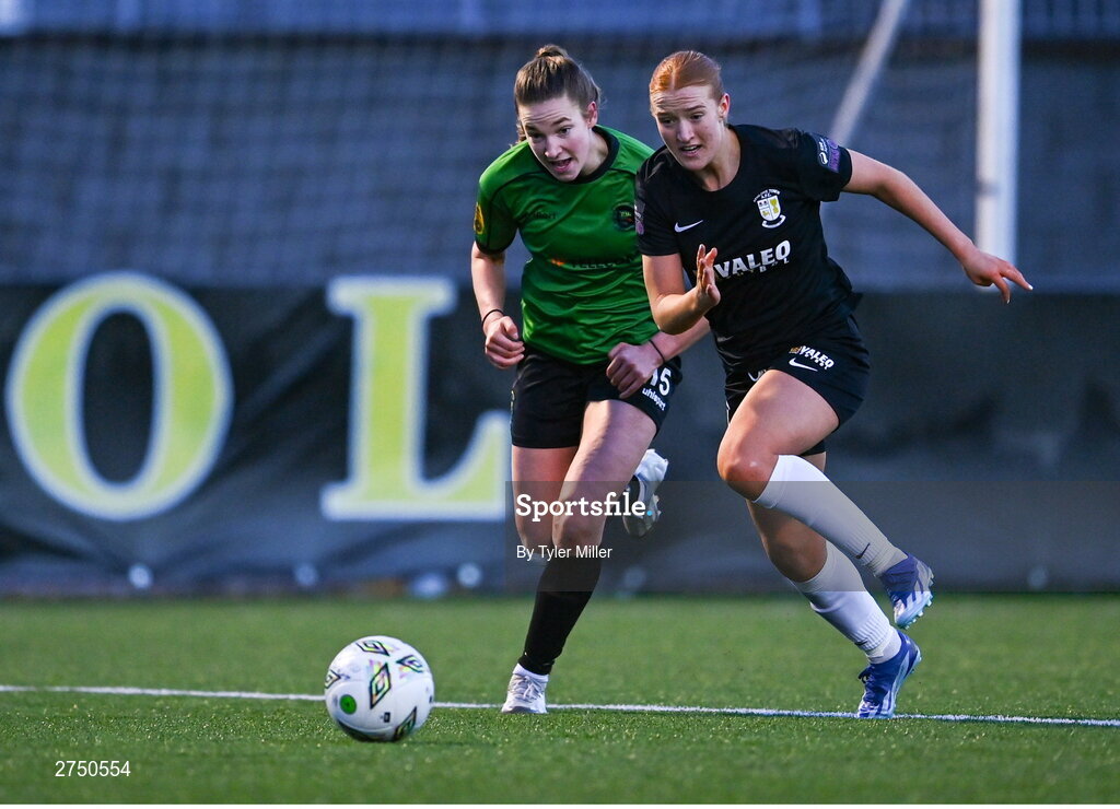 2 March 2024; Ellen Dolan of Peamount United in action against Shauna Brennan of Athlone Town during the 2024 Women's President's Cup match between Athlone Town and Peamount United at Athlone Town Stadium in Athlone, Westmeath. Photo by Tyler Miller/Sportsfile