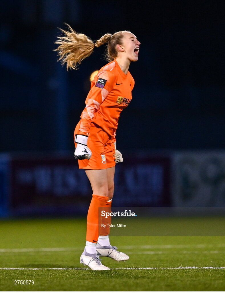 2 March 2024; Athlone Town goalkeeper Katie Keane celebrates as team-mate Chloe Singleton, not pictured, scores their side's first goal during the 2024 Women's President's Cup match between Athlone Town and Peamount United at Athlone Town Stadium in Athlone, Westmeath. Photo by Tyler Miller/Sportsfile