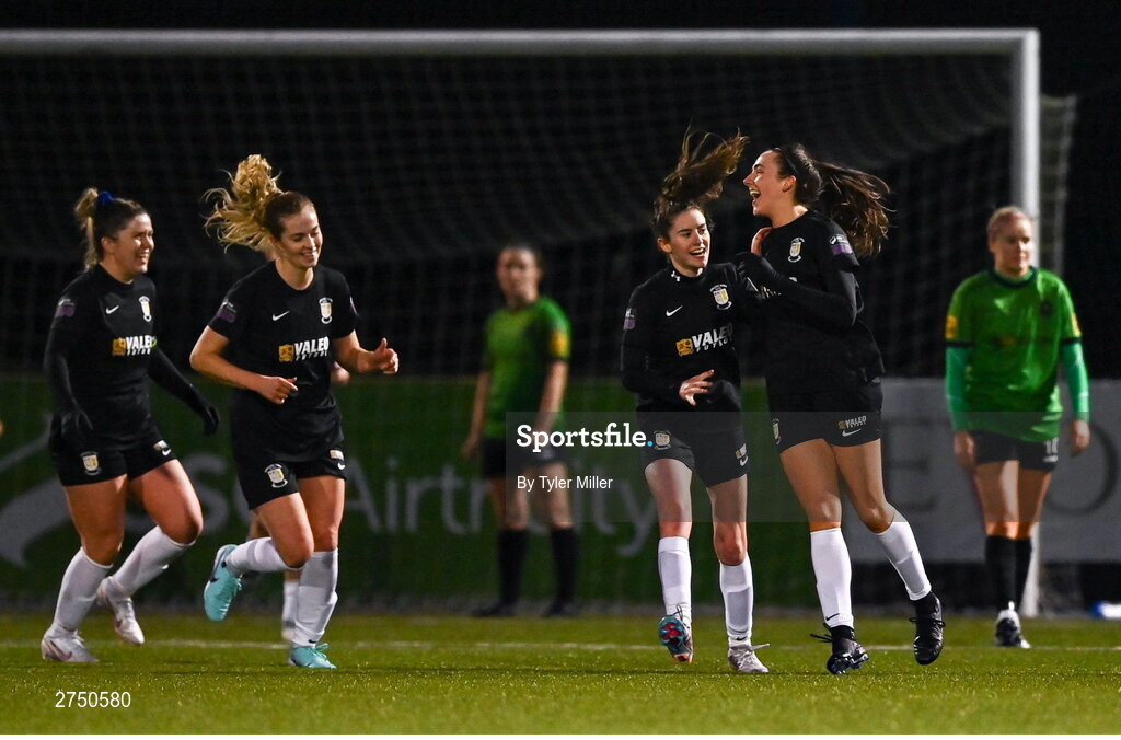 2 March 2024; Chloe Singleton of Athlone Town, right, celebrates with team-mates after scoring their side's second goal during the 2024 Women's President's Cup match between Athlone Town and Peamount United at Athlone Town Stadium in Athlone, Westmeath. Photo by Tyler Miller/Sportsfile