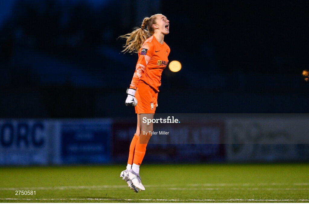 2 March 2024; Athlone Town goalkeeper Katie Keane celebrates as team-mate Chloe Singleton, not pictured, scores their side's first goal during the 2024 Women's President's Cup match between Athlone Town and Peamount United at Athlone Town Stadium in Athlone, Westmeath. Photo by Tyler Miller/Sportsfile