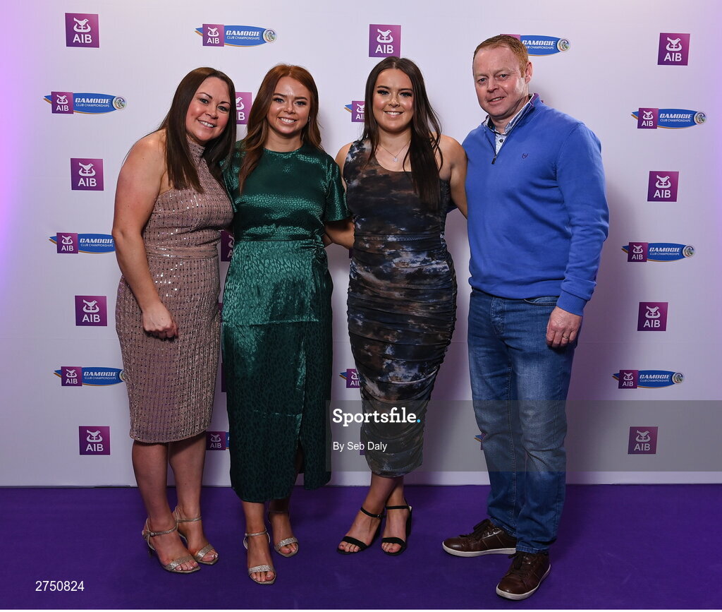 2 March 2024; Amy Clifford of Dicksboro, Kilkenny, second from right, with her family, from left, Statia Clifford, Jenny Clifford, and Michael Clifford, on arrival at the AIB Camogie Club Player Awards at Croke Park in Dublin. Photo by Seb Daly/Sportsfile