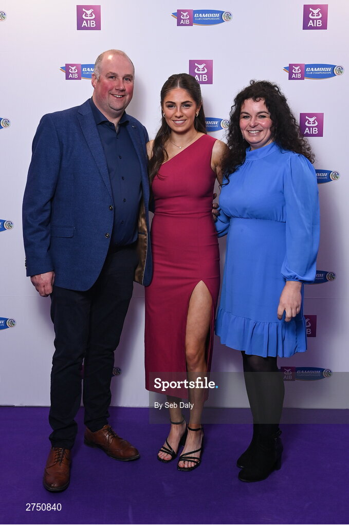 2 March 2024; Katie Byrne of Dicksboro, Kilkenny, centre, with James Byrne and Katherine Kendal on arrival at the AIB Camogie Club Player Awards at Croke Park in Dublin. Photo by Seb Daly/Sportsfile