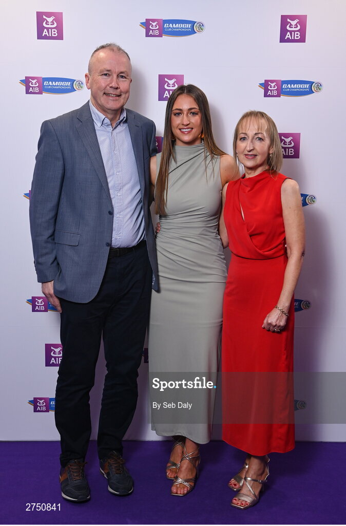 2 March 2024; Aobha O’Gorman of Dicksboro, Kilkenny, with her parents John and Siobhan O'Gorman on arrival at the AIB Camogie Club Player Awards at Croke Park in Dublin. Photo by Seb Daly/Sportsfile