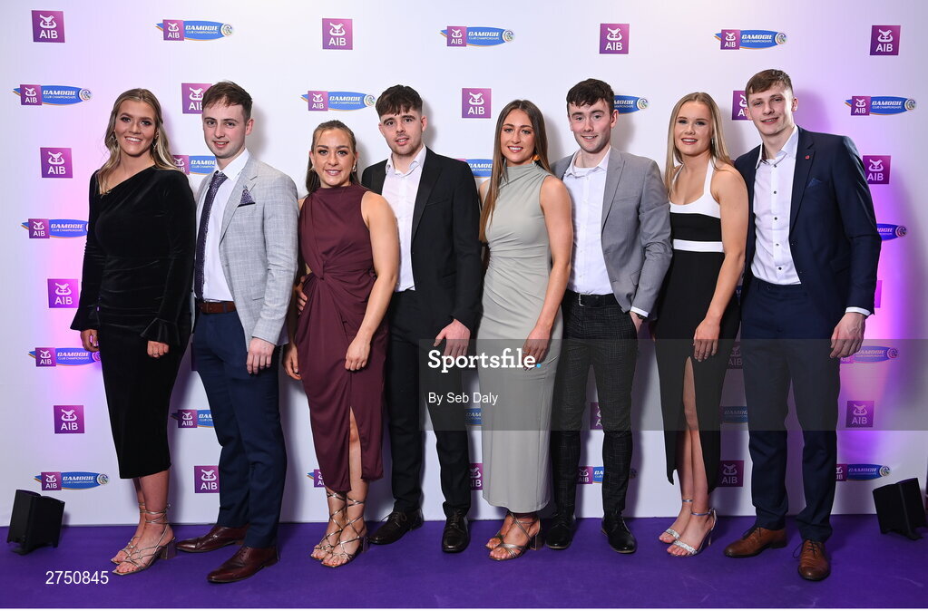 2 March 2024; Dicksboro, Kilkenny, players and their partners, from left, Aoife Prendergast, John Walton, Ciara Phelan, Liam Dunphy, Aobhe O'Gorman, Pádraic Waldron, Asha McHardy and Eoin Deely, on arrival at the AIB Camogie Club Player Awards at Croke Park in Dublin. Photo by Seb Daly/Sportsfile