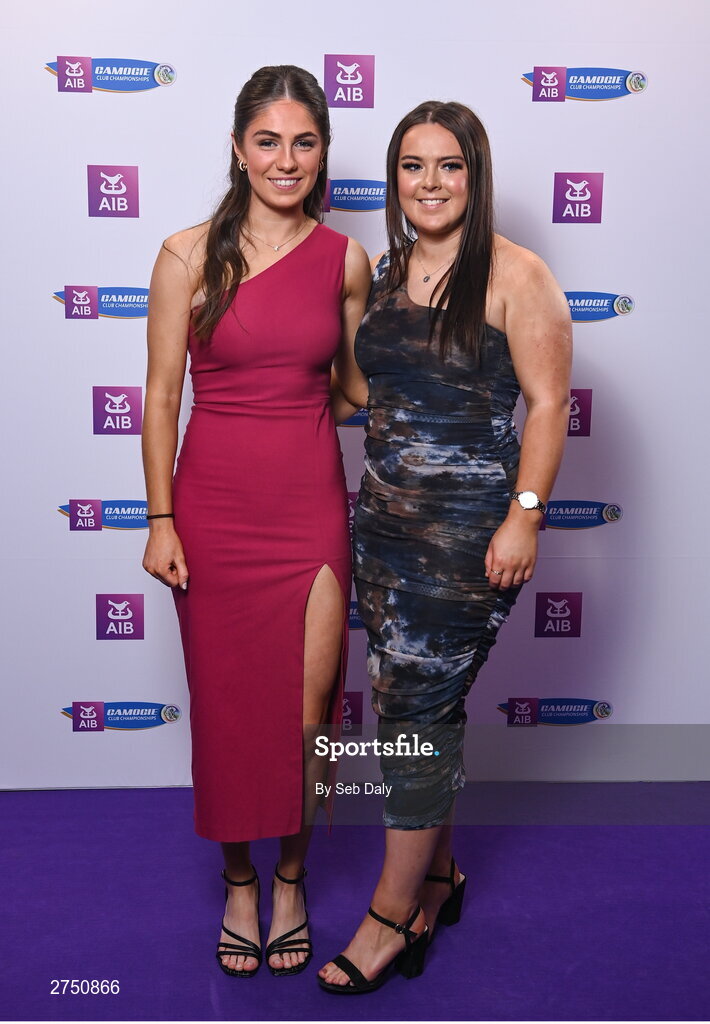 2 March 2024; Katie Byrne, left, and Amy Clifford of Dicksboro, Kilkenny, on arrival at the AIB Camogie Club Player Awards at Croke Park in Dublin. Photo by Seb Daly/Sportsfile