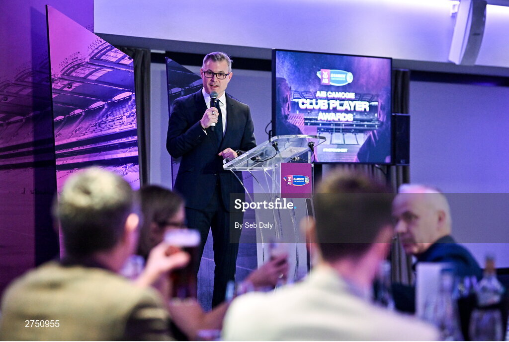 2 March 2024; AIB chief marketing officer Mark Doyle speaking during the AIB Camogie Club Player Awards at Croke Park in Dublin. Photo by Seb Daly/Sportsfile