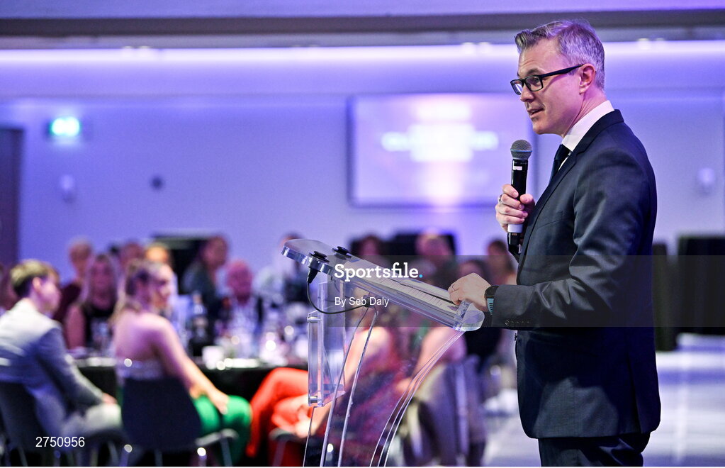 2 March 2024; AIB chief marketing officer Mark Doyle speaking during the AIB Camogie Club Player Awards at Croke Park in Dublin. Photo by Seb Daly/Sportsfile