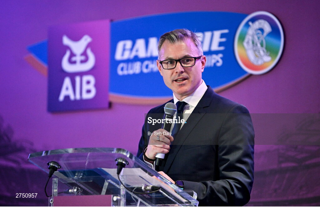2 March 2024; AIB chief marketing officer Mark Doyle speaking during the AIB Camogie Club Player Awards at Croke Park in Dublin. Photo by Seb Daly/Sportsfile