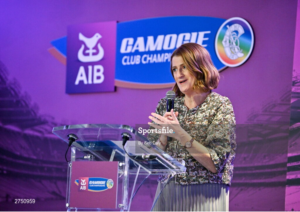 2 March 2024; Uachtarán an Cumann Camógaíochta Hilda Breslin speaking during the AIB Camogie Club Player Awards at Croke Park in Dublin. Photo by Seb Daly/Sportsfile