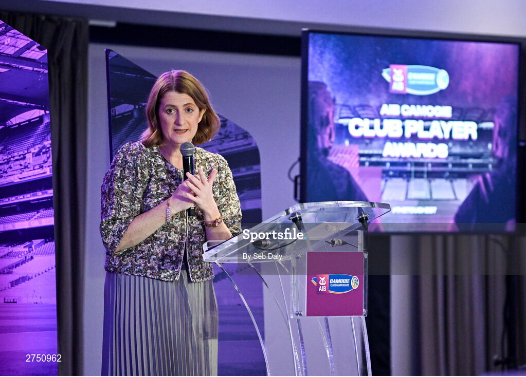 2 March 2024; Uachtarán an Cumann Camógaíochta Hilda Breslin speaking during the AIB Camogie Club Player Awards at Croke Park in Dublin. Photo by Seb Daly/Sportsfile