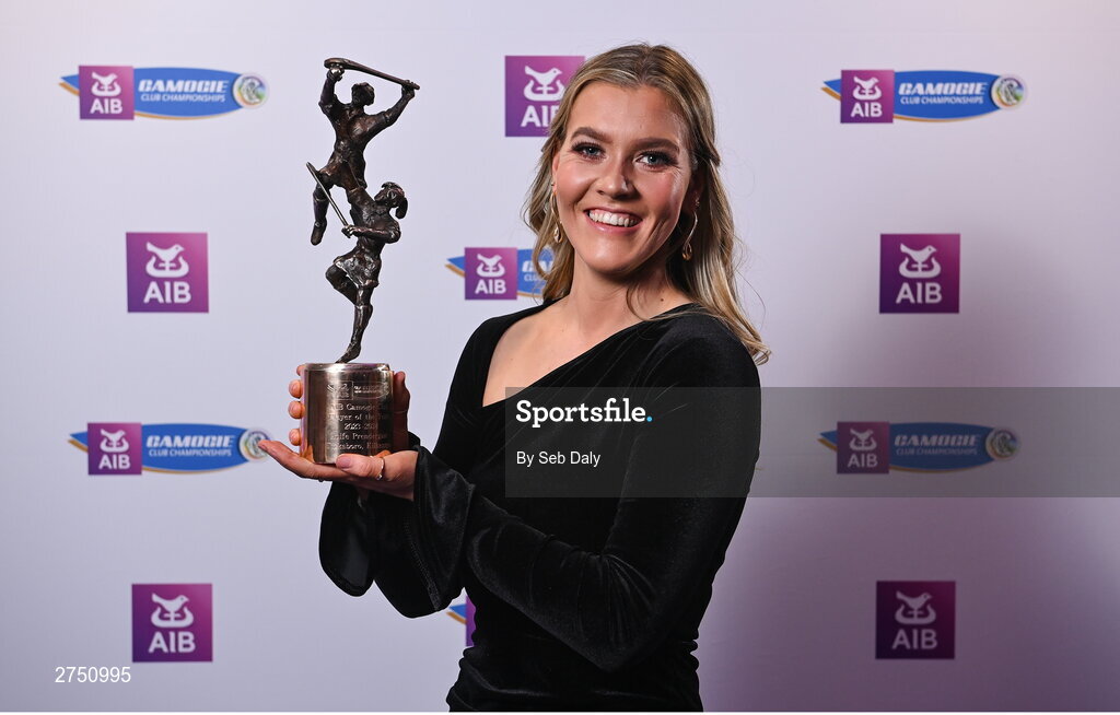 2 March 2024; Aoife Prendergast of Dicksboro, Kilkenny, with her 2023 AIB Camogie Club Player of the Year award during the AIB Camogie Club Player Awards at Croke Park in Dublin. The awards recognise the top performing players throughout the AIB Camogie Club Championships and celebrate their hard work, commitment, and individual achievements from the 2023 season. Photo by Seb Daly/Sportsfile