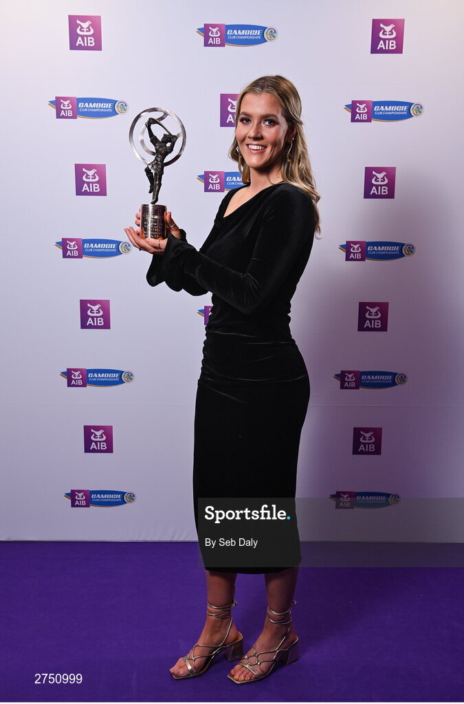 2 March 2024; Aoife Prendergast of Dicksboro, Kilkenny, with her 2023 Team of the Year award during at the AIB Camogie Club Player Awards at Croke Park in Dublin. The awards recognise the top performing players throughout the AIB Camogie Club Championships and celebrate their hard work, commitment, and individual achievements from the 2023 season. Photo by Seb Daly/Sportsfile