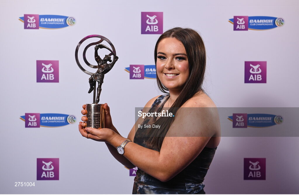 2 March 2024; Amy Clifford of Dicksboro, Kilkenny, with her 2023 Team of the Year award during at the AIB Camogie Club Player Awards at Croke Park in Dublin. The awards recognise the top performing players throughout the AIB Camogie Club Championships and celebrate their hard work, commitment, and individual achievements from the 2023 season. Photo by Seb Daly/Sportsfile