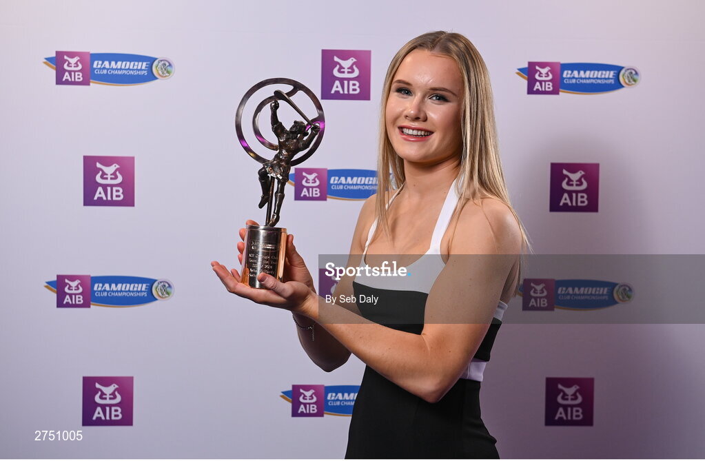 2 March 2024; Asha McHardy of Dicksboro, Kilkenny, with her 2023 Team of the Year award during at the AIB Camogie Club Player Awards at Croke Park in Dublin. The awards recognise the top performing players throughout the AIB Camogie Club Championships and celebrate their hard work, commitment, and individual achievements from the 2023 season. Photo by Seb Daly/Sportsfile