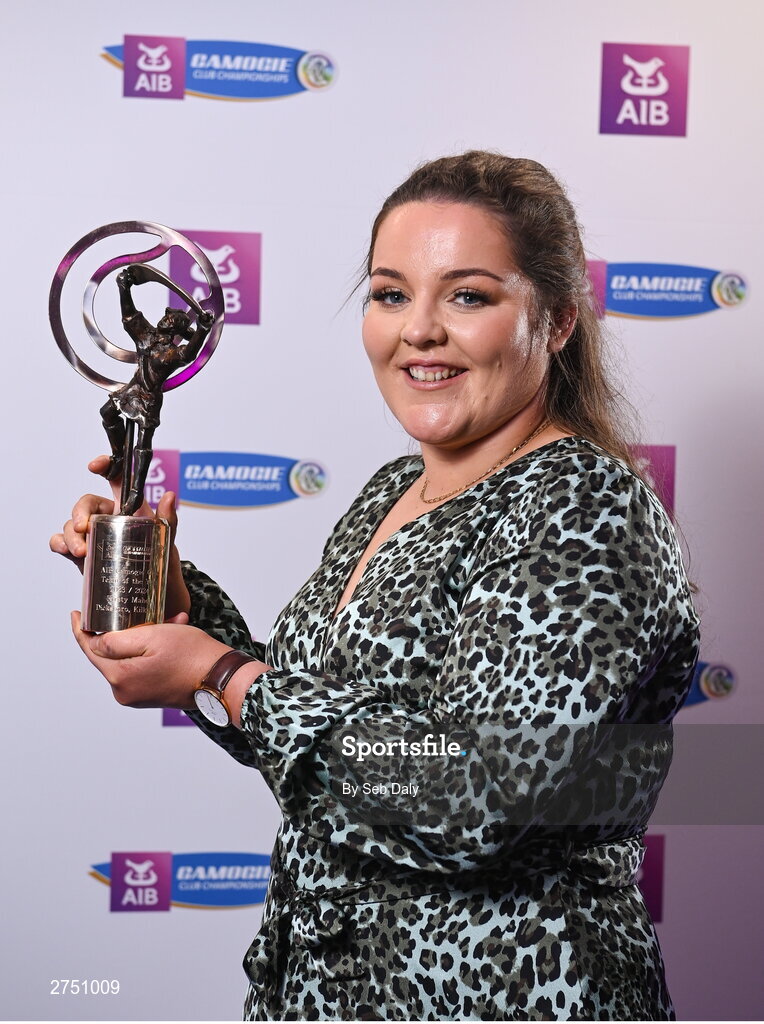 2 March 2024; Kirsty Maher of Dicksboro, Kilkenny, with her 2023 Team of the Year award during at the AIB Camogie Club Player Awards at Croke Park in Dublin. The awards recognise the top performing players throughout the AIB Camogie Club Championships and celebrate their hard work, commitment, and individual achievements from the 2023 season. Photo by Seb Daly/Sportsfile