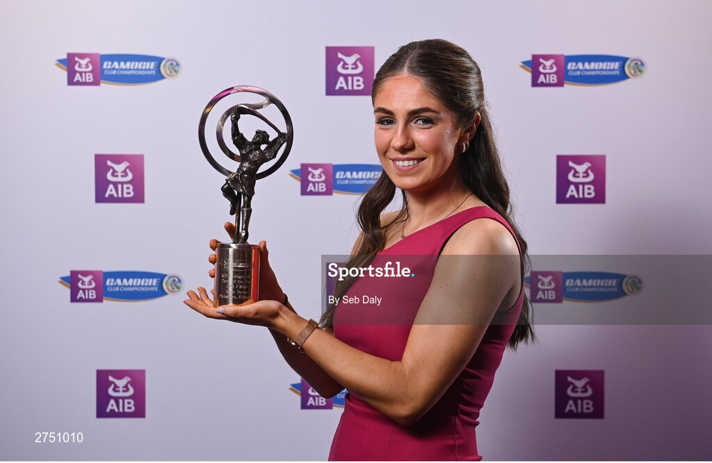2 March 2024; Katie Byrne of Dicksboro, Kilkenny, with her 2023 Team of the Year award during at the AIB Camogie Club Player Awards at Croke Park in Dublin. The awards recognise the top performing players throughout the AIB Camogie Club Championships and celebrate their hard work, commitment, and individual achievements from the 2023 season. Photo by Seb Daly/Sportsfile