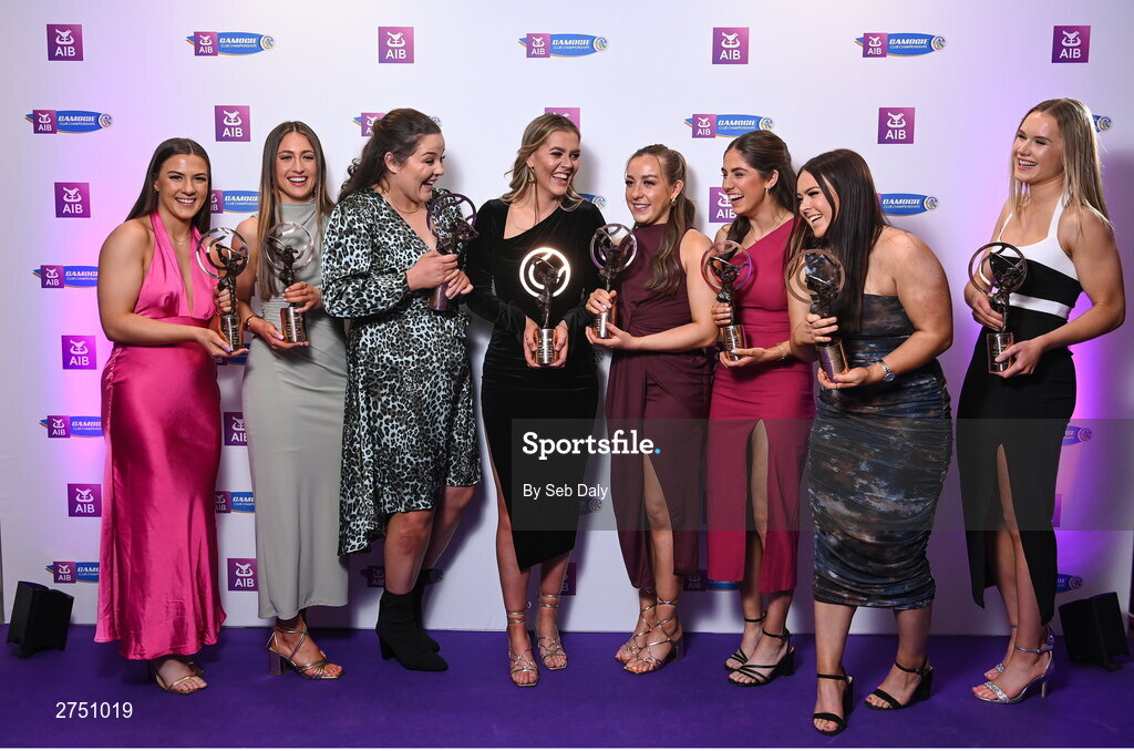 2 March 2024; Dicksboro, Kilkenny, players, from left, Jane Cass, Aobha O’Gorman, Kirsty Maher, Aoife Prendergast, Ciara Phelan, Katie Byrne, Amy Clifford, and Asha McHardy, with their 2023 Team of the Year awards during the AIB Camogie Club Player Awards at Croke Park in Dublin. The awards recognise the top performing players throughout the AIB Camogie Club Championships and celebrate their hard work, commitment, and individual achievements from the 2023 season. Photo by Seb Daly/Sportsfile