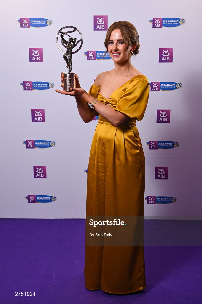 2 March 2024; Tara Kenny of Sarsfields, Galway, with her 2023 Team of the Year award during at the AIB Camogie Club Player Awards at Croke Park in Dublin. The awards recognise the top performing players throughout the AIB Camogie Club Championships and celebrate their hard work, commitment, and individual achievements from the 2023 season. Photo by Seb Daly/Sportsfile