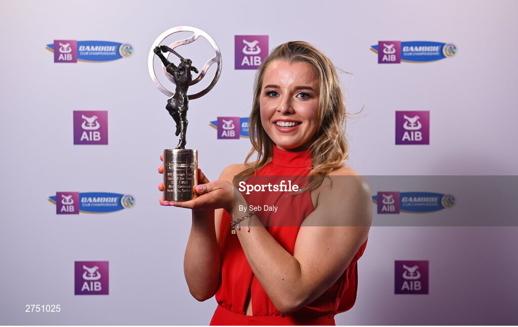 2 March 2024; Sarah Spellman of Sarsfields, Galway, with her 2023 Team of the Year award during at the AIB Camogie Club Player Awards at Croke Park in Dublin. The awards recognise the top performing players throughout the AIB Camogie Club Championships and celebrate their hard work, commitment, and individual achievements from the 2023 season. Photo by Seb Daly/Sportsfile