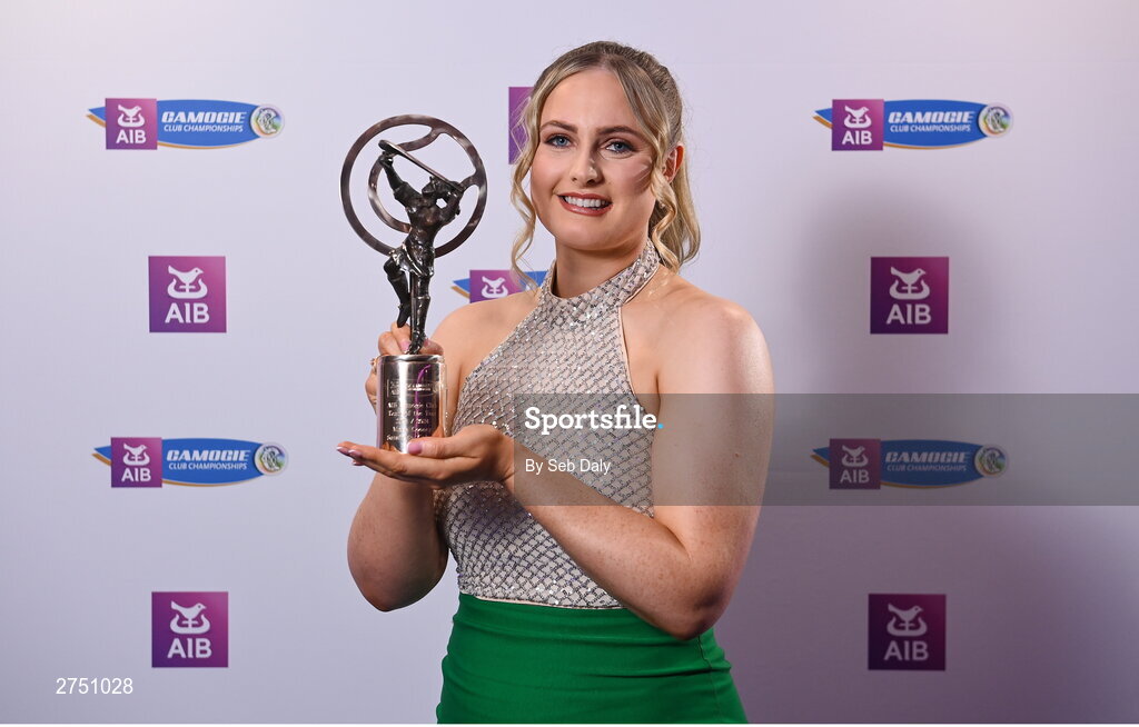 2 March 2024; Maria Cooney of Sarsfields, Galway, with her 2023 Team of the Year award during at the AIB Camogie Club Player Awards at Croke Park in Dublin. The awards recognise the top performing players throughout the AIB Camogie Club Championships and celebrate their hard work, commitment, and individual achievements from the 2023 season. Photo by Seb Daly/Sportsfile