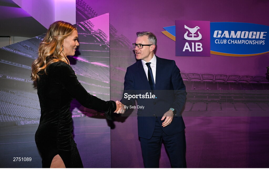 2 March 2024; 2023 AIB Camogie Club Player of the Year Aoife Prendergast of Dicksboro, Kilkenny, is congratluated by AIB chief marketing officer Mark Doyle during the AIB Camogie Club Player Awards at Croke Park in Dublin. Photo by Seb Daly/Sportsfile