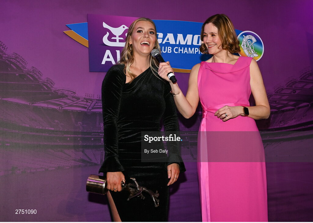 2 March 2024; 2023 AIB Camogie Club Player of the Year Aoife Prendergast of Dicksboro, Kilkenny, is interviewed by Host and MC Grainne McElwain during the AIB Camogie Club Player Awards at Croke Park in Dublin. Photo by Seb Daly/Sportsfile