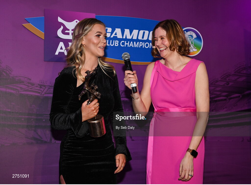 2 March 2024; 2023 AIB Camogie Club Player of the Year Aoife Prendergast of Dicksboro, Kilkenny, is interviewed by Host and MC Grainne McElwain during the AIB Camogie Club Player Awards at Croke Park in Dublin. Photo by Seb Daly/Sportsfile